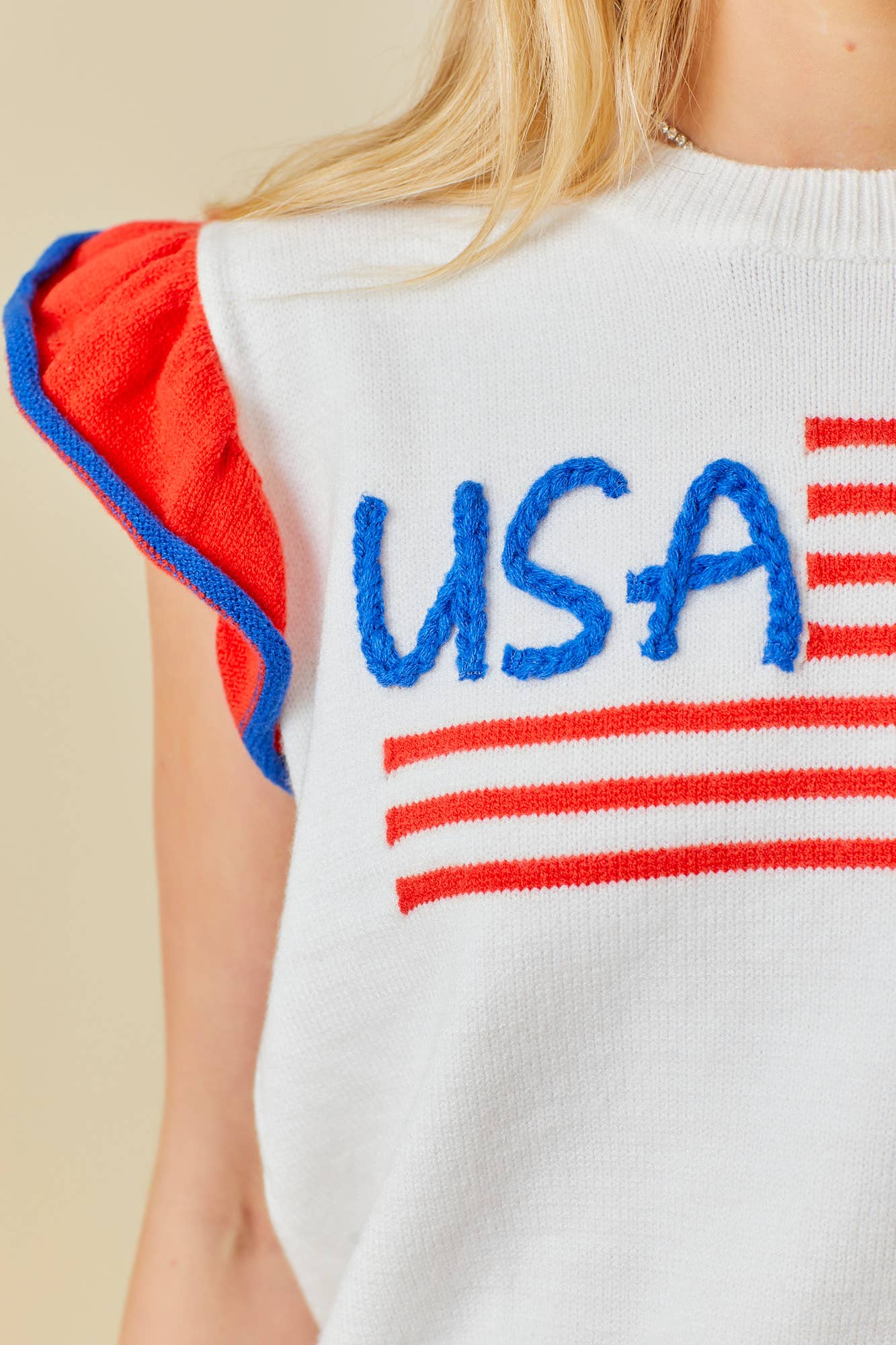 USA Flag Embroidered Sleevless Ruffle Sweater