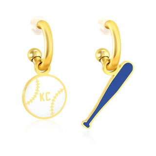 KC White Baseball & Blue Bat Gold Hoop Earrings