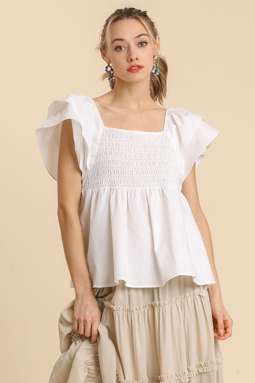 Smocked Poplin Ruffle Top