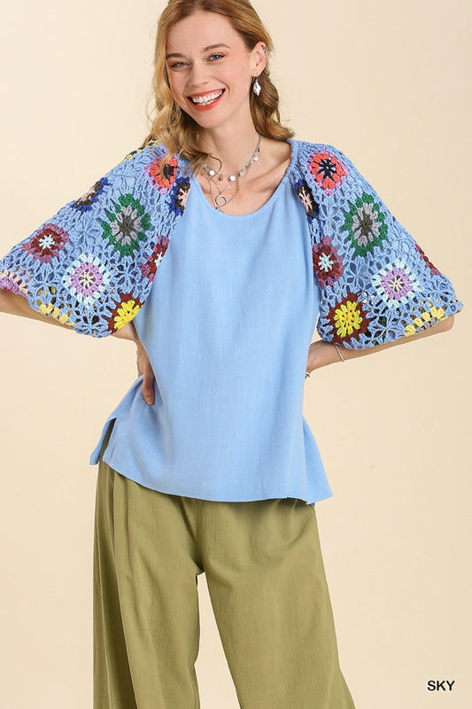 Linen Blend Crochet 3/4 Sleeve Top