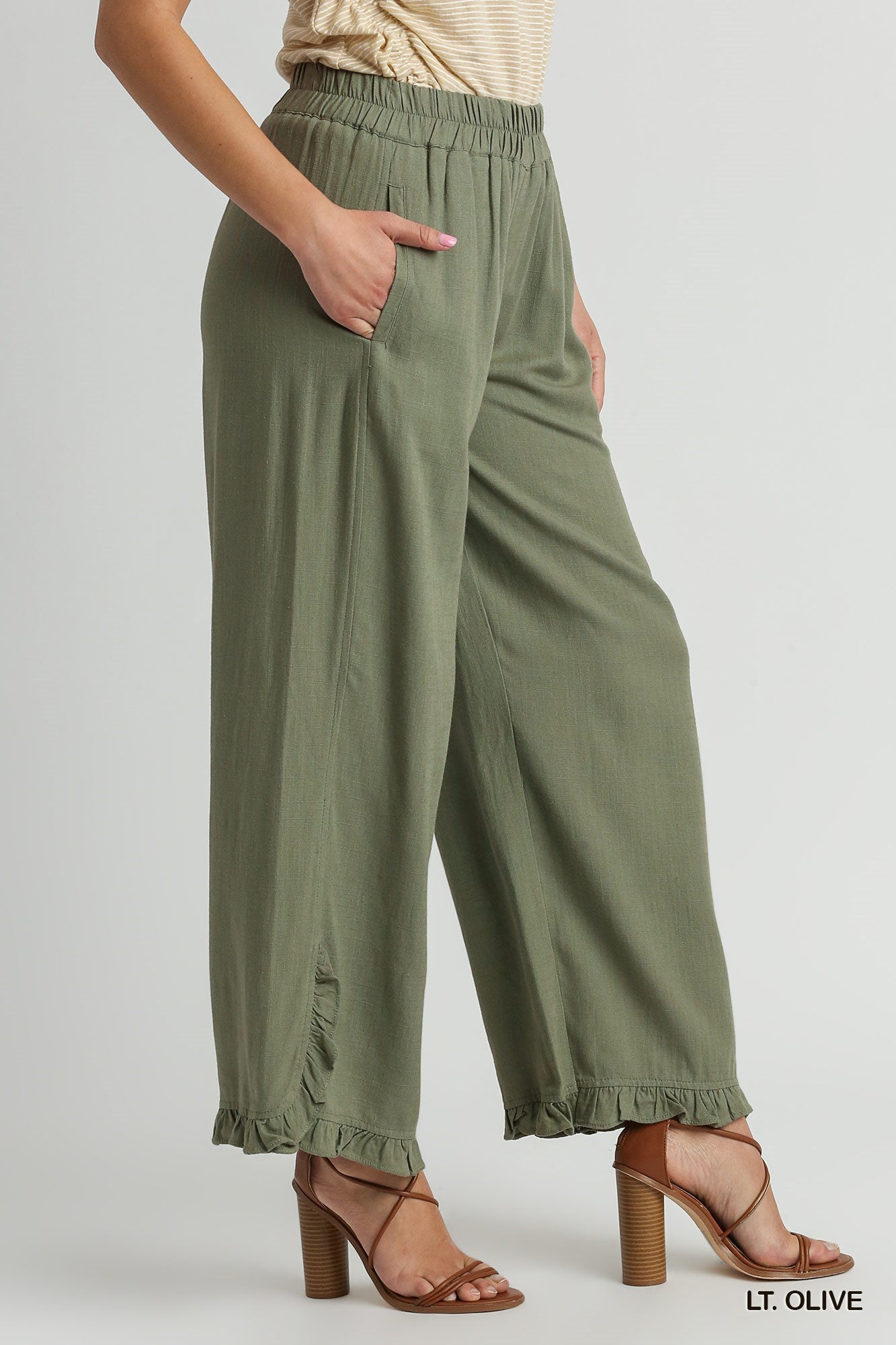 Linen Blend Elastic Waist Ruffle Hem Pants with Pockets
