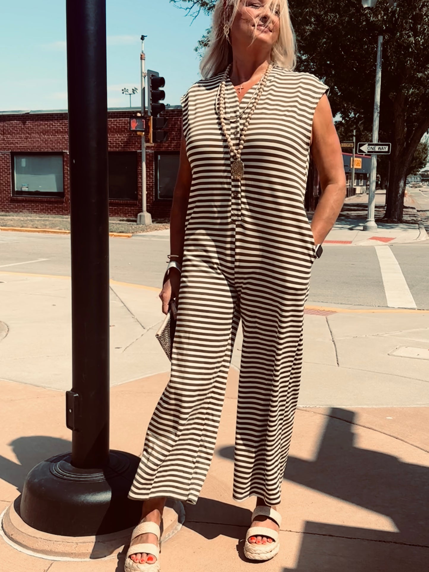 Khloe Knit Stripe Wide Leg Button Down Jumpsuit