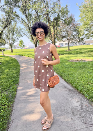 Mocha Latte Linen Polka Dot Mini Dress