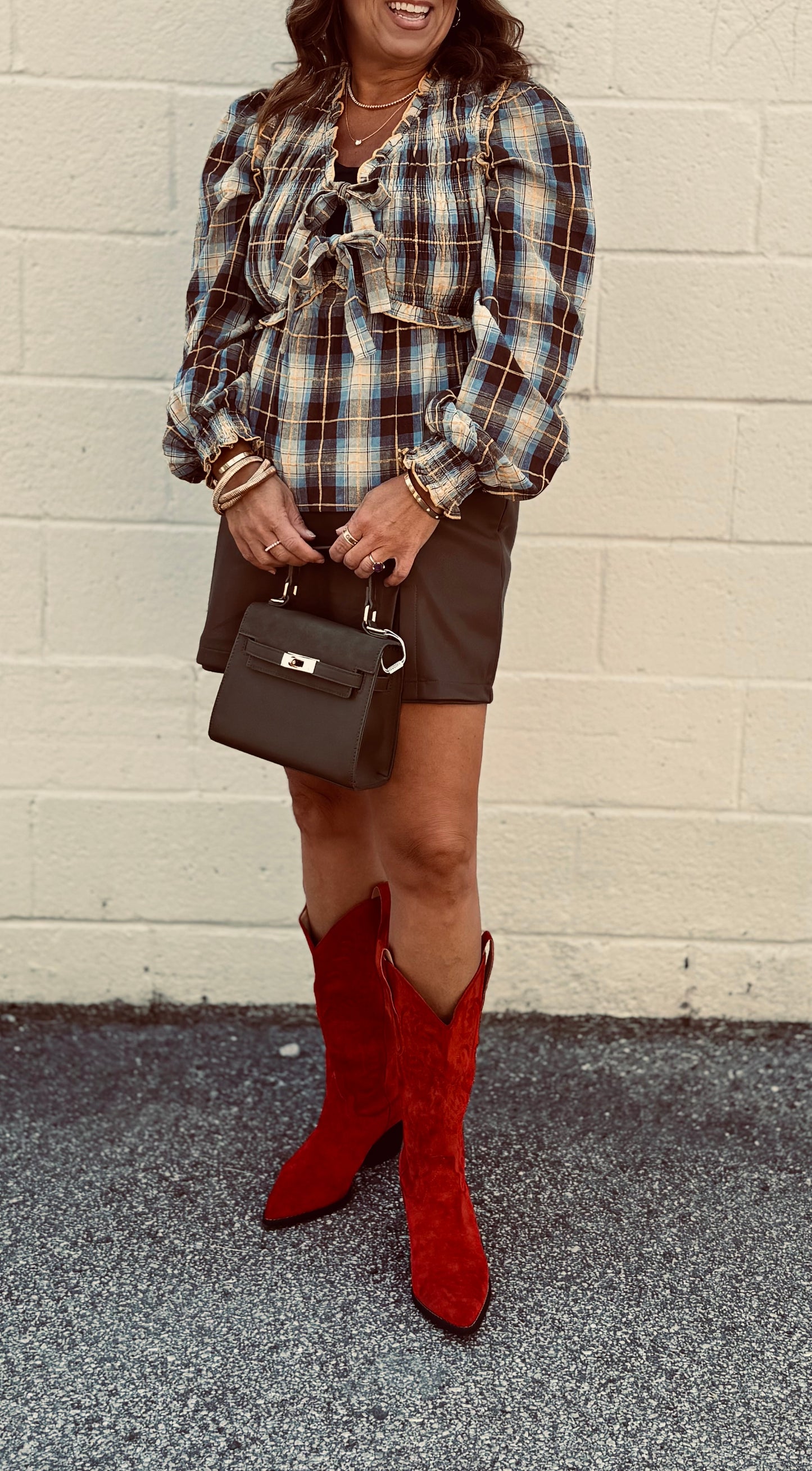 Penelope Smocked Plaid Bow Blouse