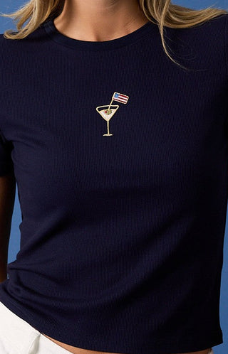USA cocktail embroidered ribbed baby tee patriotic fitted crew neck t-shirt for summer and Fourth of July outfits.