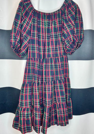 Plaid Puff Sleeve Tiered Midi Dress