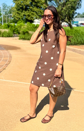 Mocha Latte Linen Polka Dot Mini Dress