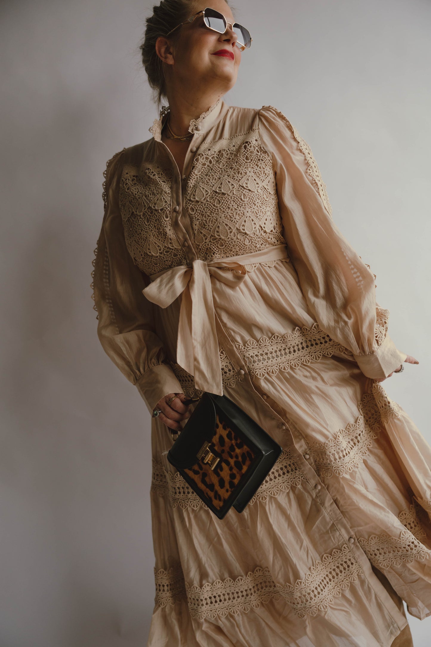 Angelina Crochet-style Lace Panel Satin Midi Dress