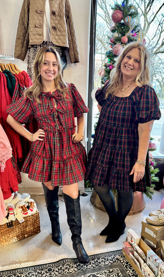 Plaid Puff Sleeve Tiered Midi Dress