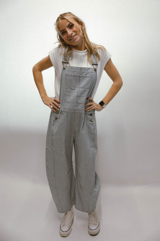 Blue and white striped barrel leg overalls with adjustable straps and wide leg silhouette styled with a fitted white top.