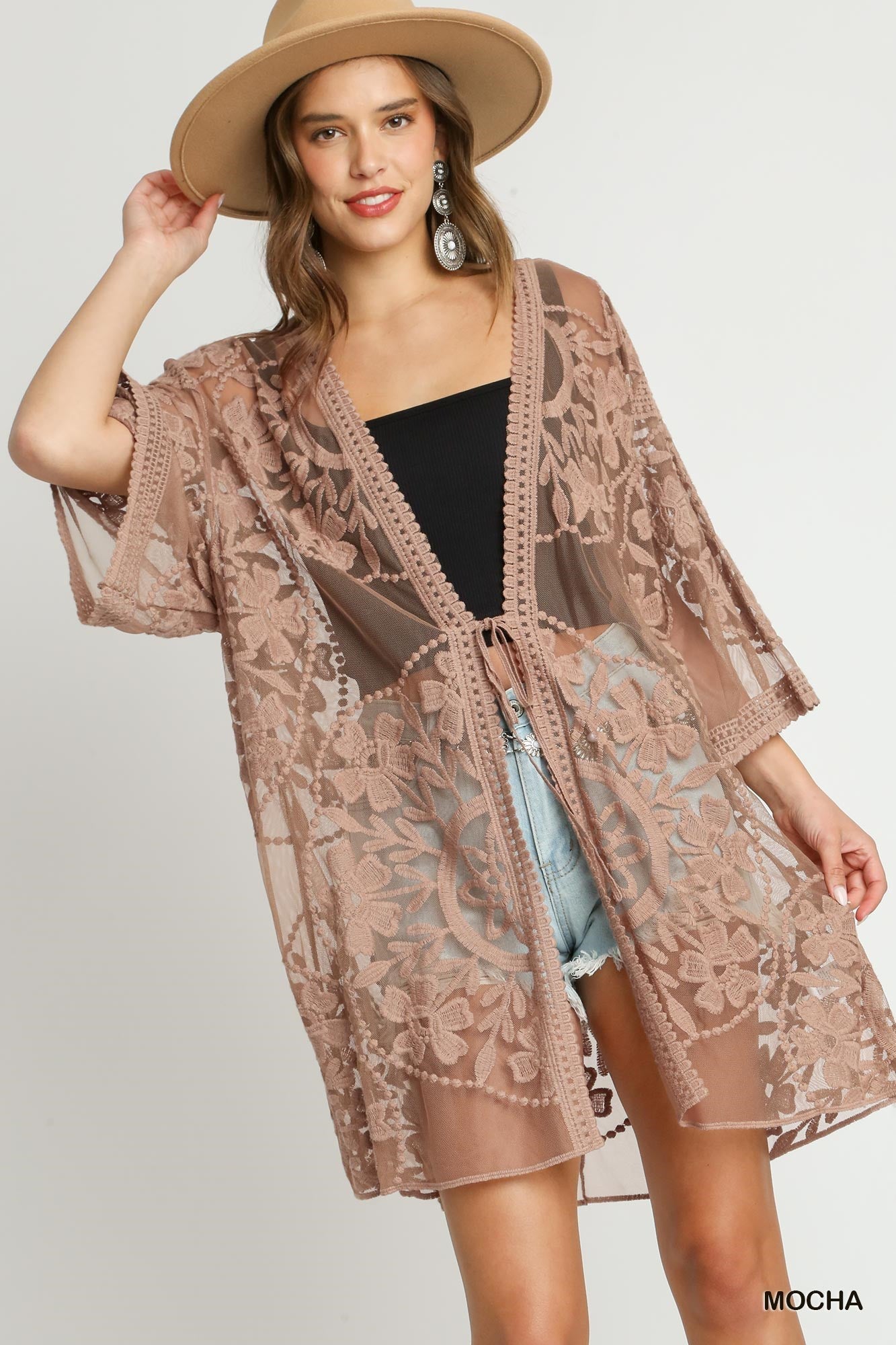 Floral Lace Kimono with Waist Tie