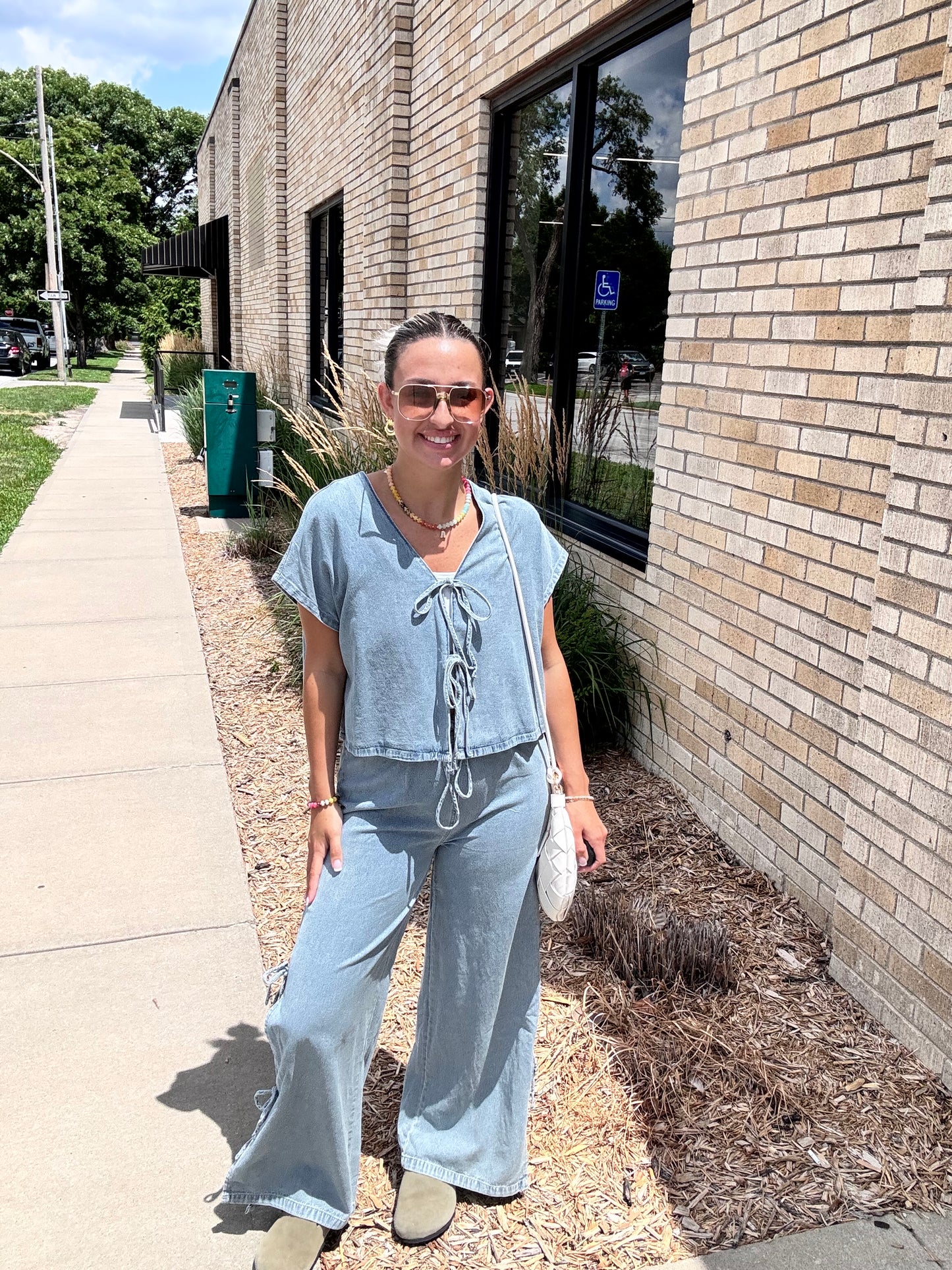 Marlie Denim Front Bow Tie Blouse