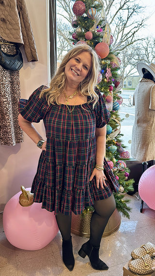 Plaid Puff Sleeve Tiered Midi Dress