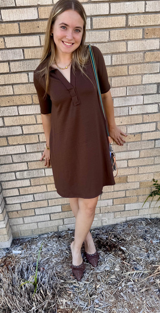 Woman wearing a chocolate brown polo collar t-shirt dress with half sleeves, styled with studded brown kitten heels at Erin Rose Boutique.