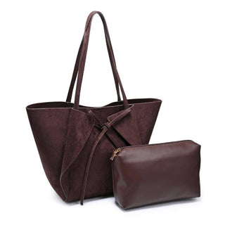 Brown leather tote bag with matching pouch on a white background