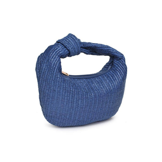 Blue woven straw shoulder bag with knotted handle and zipper closure, perfect for summer outfits and beachy boho style.