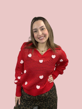 red open knit crochet sweater with heart embellishments available at Erin Rose boutique