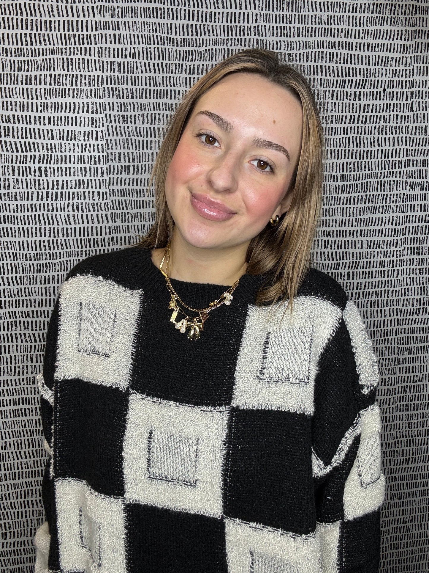 Fuzzy Checkered Mini Sweater Dressu