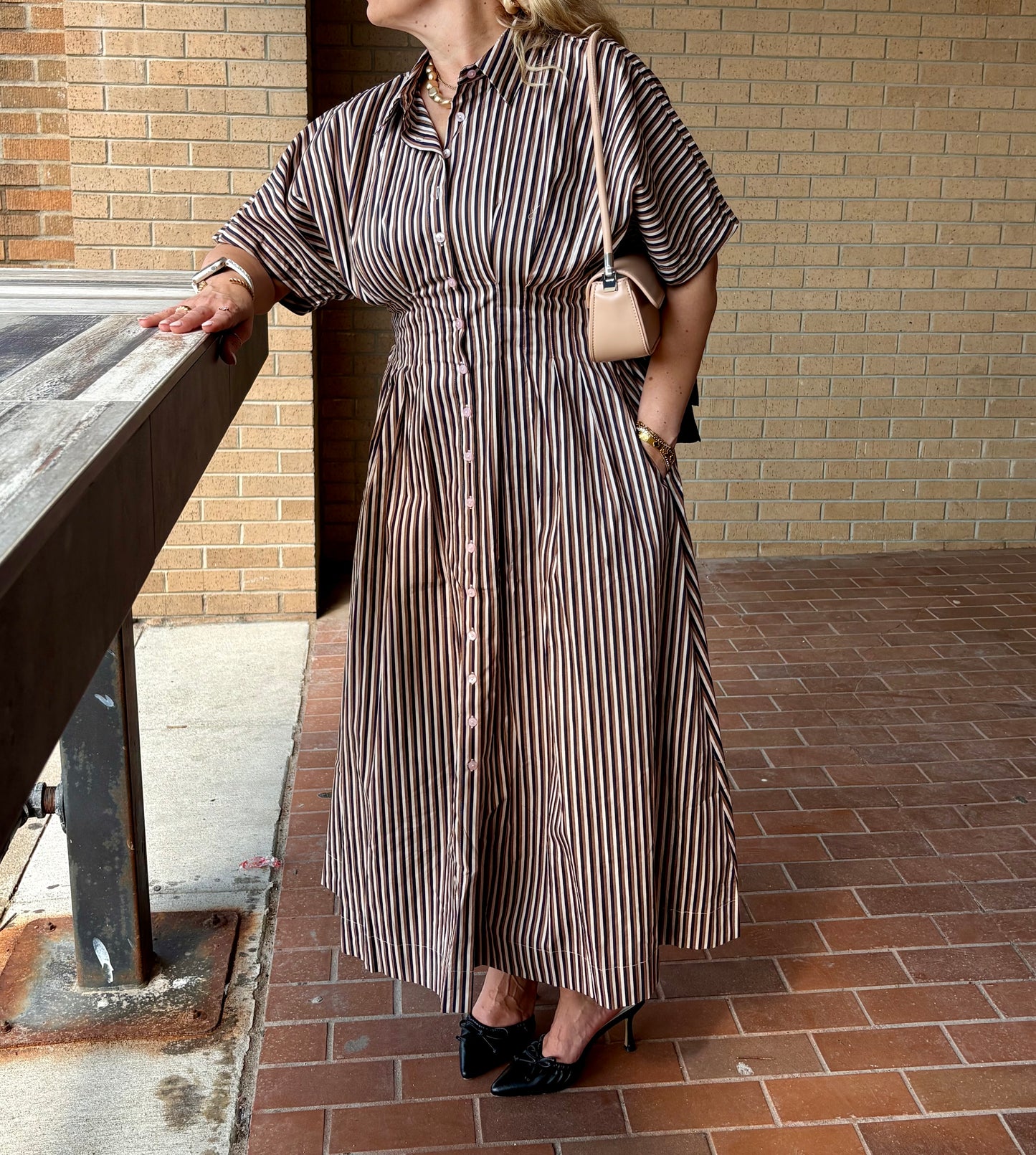 Barkline Stripe Pleated Midi Dress