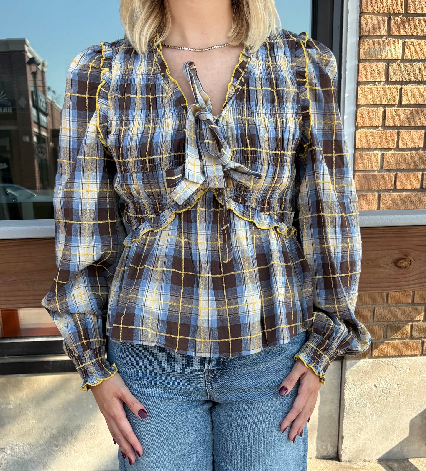 Penelope Smocked Plaid Bow Blouse