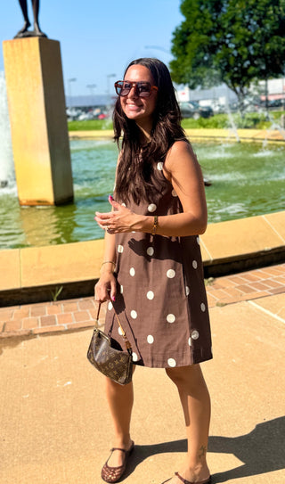 Mocha Latte Linen Polka Dot Mini Dress