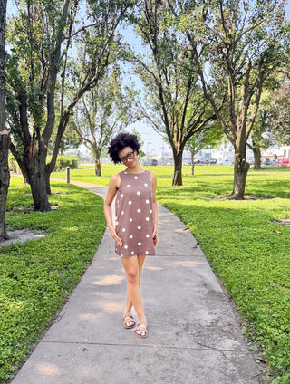 Mocha Latte Linen Polka Dot Mini Dress