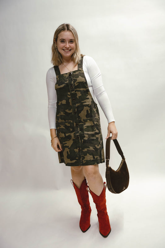Gina Button-front Camo Overall Dress