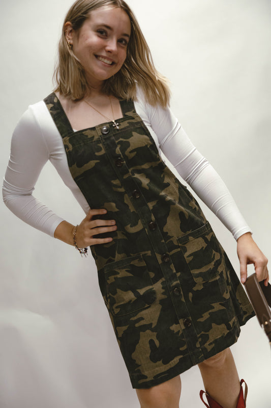 Gina Button-front Camo Overall Dress