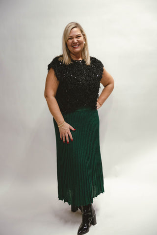 Faith Pleated Metallic Knit Midi Skirt