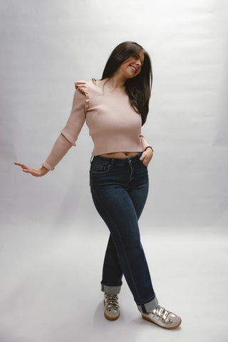 Square Neck Ruffle Ribbed Top