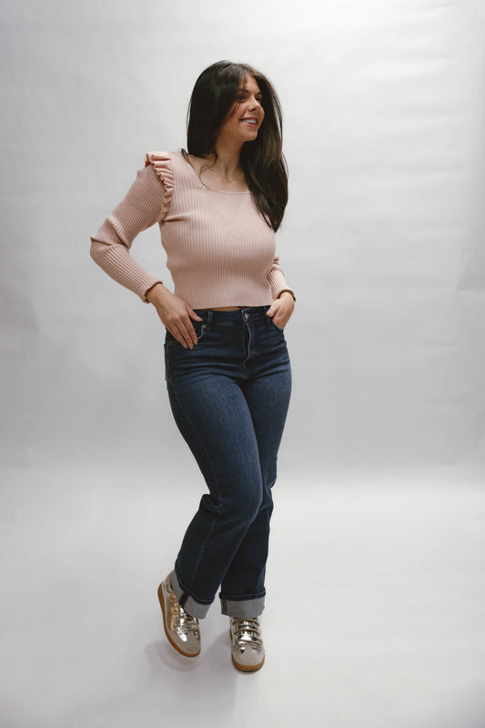 Square Neck Ruffle Ribbed Top