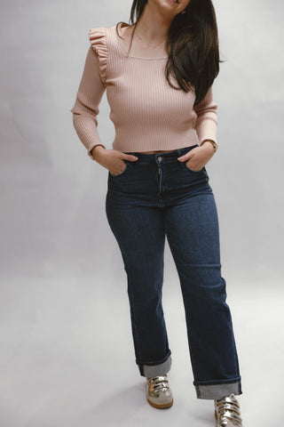 Square Neck Ruffle Ribbed Top