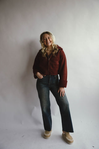 Wine Fur Contrast Zip Up Suede Jacket