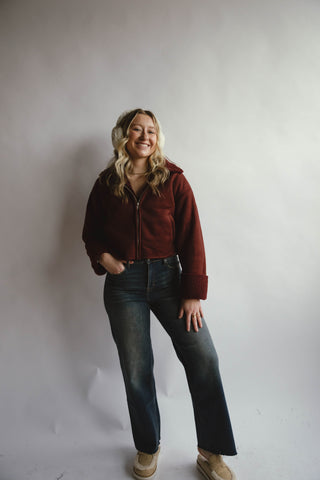Wine Fur Contrast Zip Up Suede Jacket