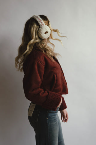 Wine Fur Contrast Zip Up Suede Jacket