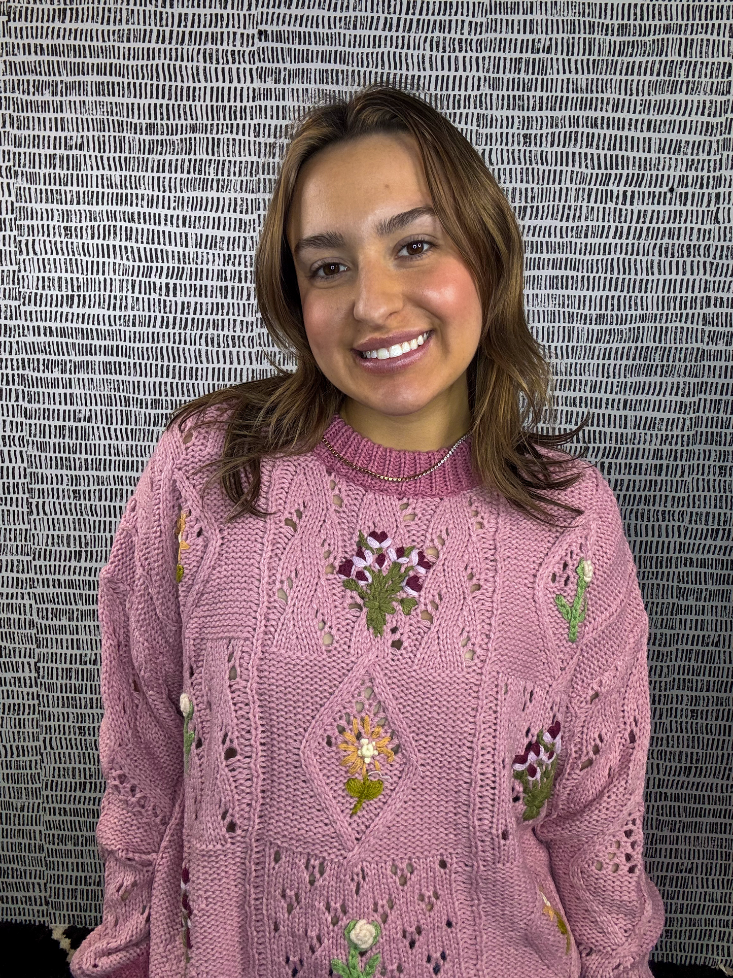 Embroidered Flower Detail Checkered Sweater