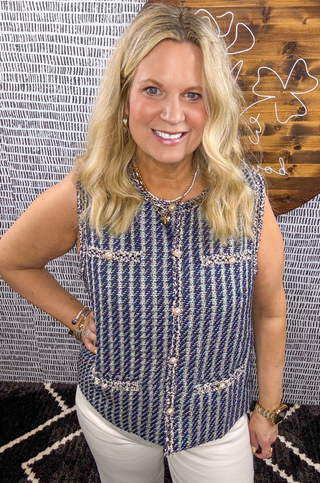 Sleeveless Accent Pearl Button Tweed Vest