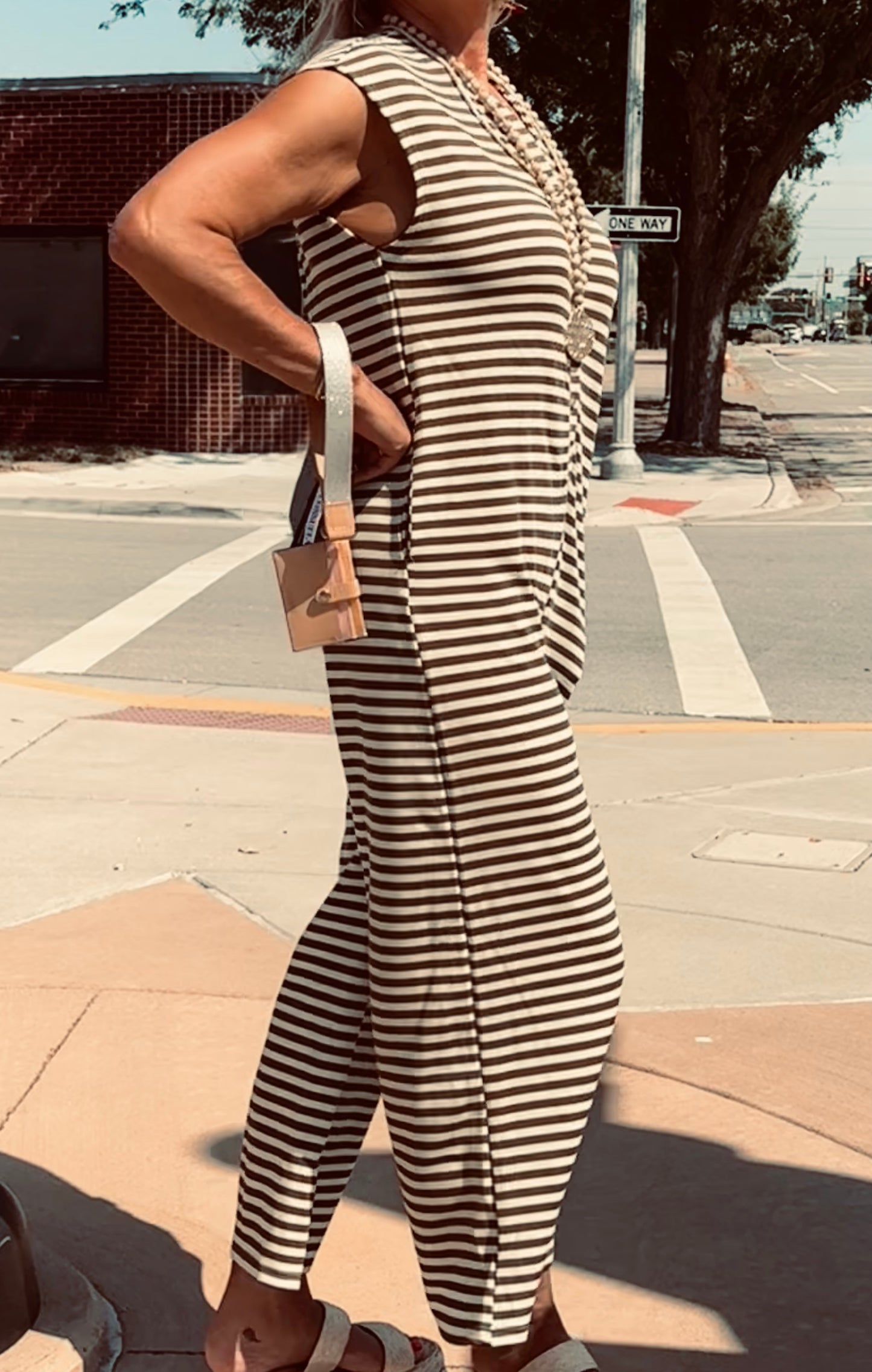 Khloe Knit Stripe Wide Leg Button Down Jumpsuit