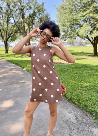 Mocha Latte Linen Polka Dot Mini Dress Brown / S