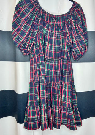 Plaid Puff Sleeve Tiered Midi Dress