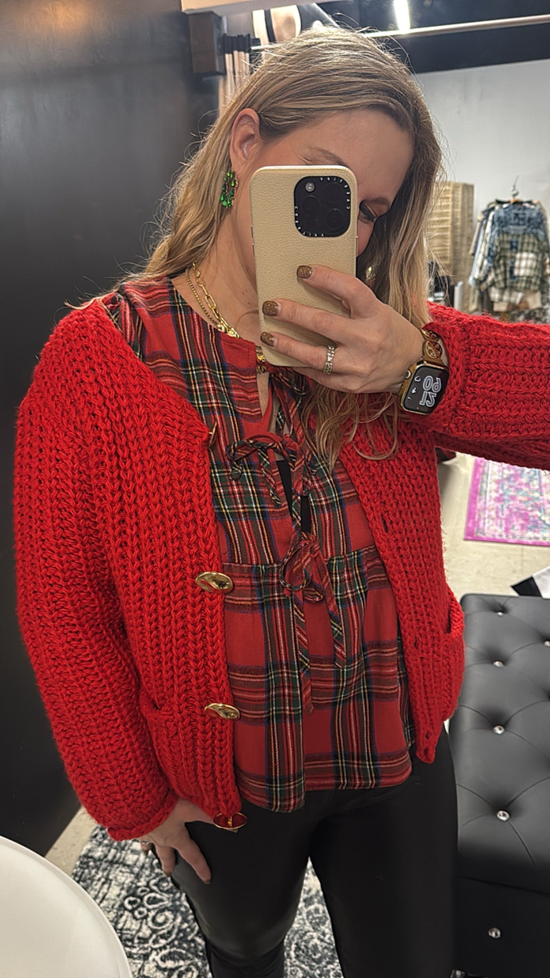 Front Tie Xmas Plaid Blouse