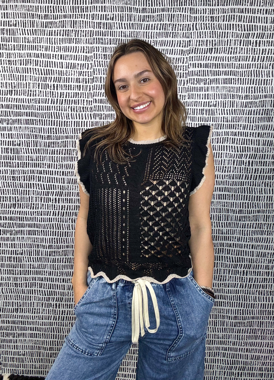 EYELET CONTRAST KNIT RUFFLED SCALLOPED TOP