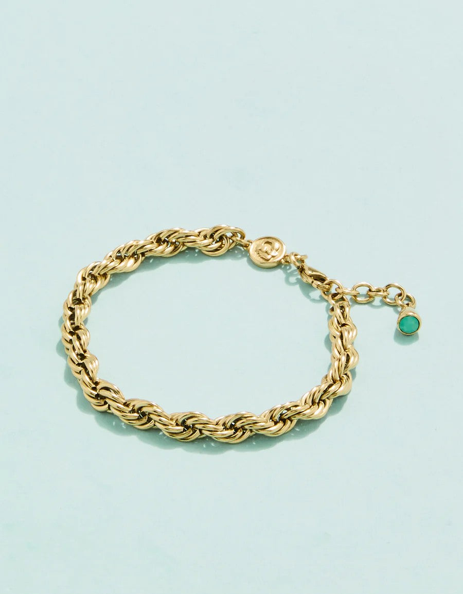Gold rope chain bracelet with adjustable clasp and small green charm accent – Erin Rose Boutique