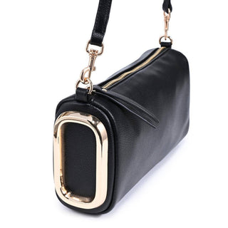 Close up view of the statement gold hardware on the Luciana black shoulder bag 