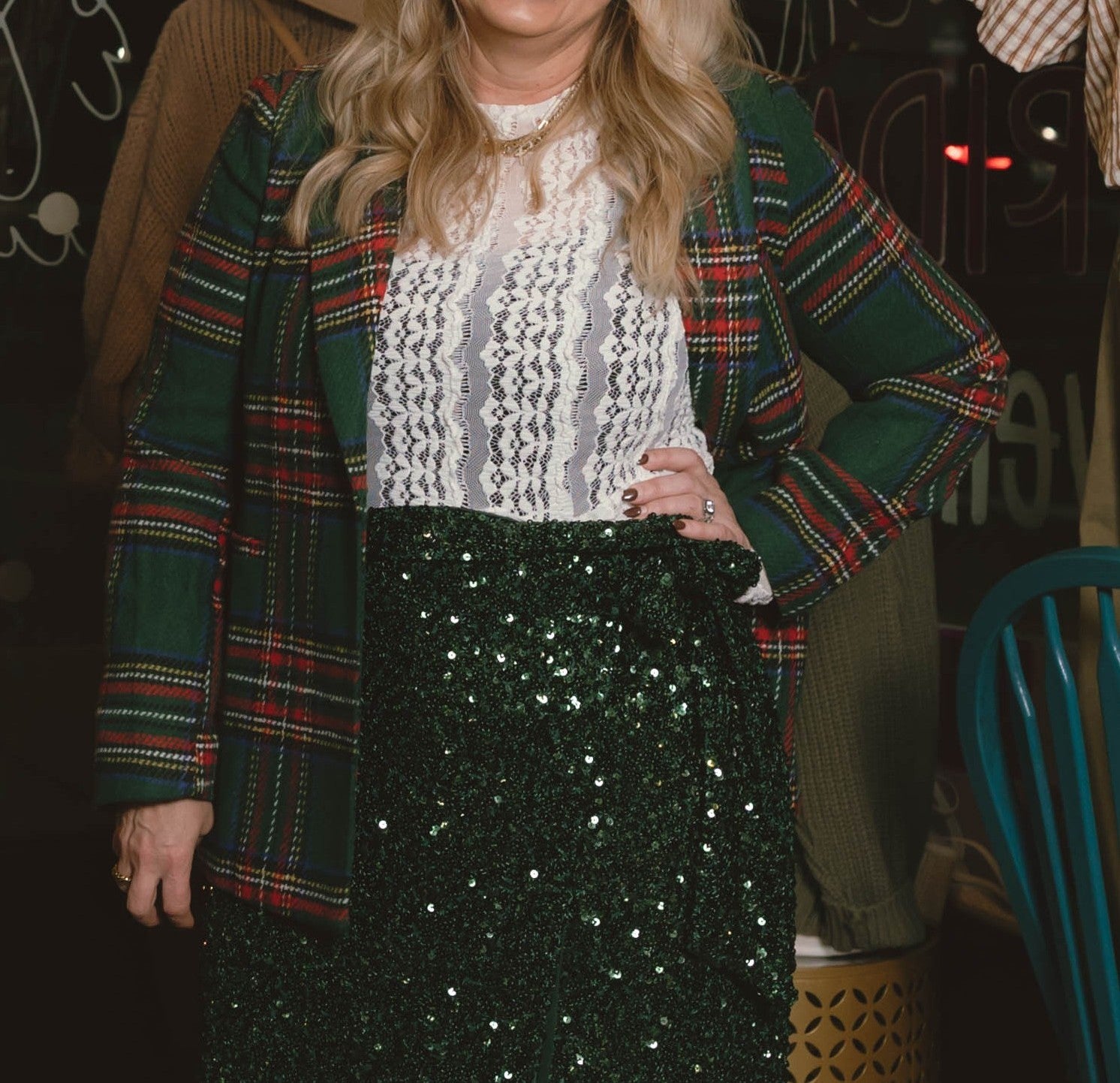 Front view of green plaid double-button blazer for holiday outfits, Available at Erin Rose boutique.