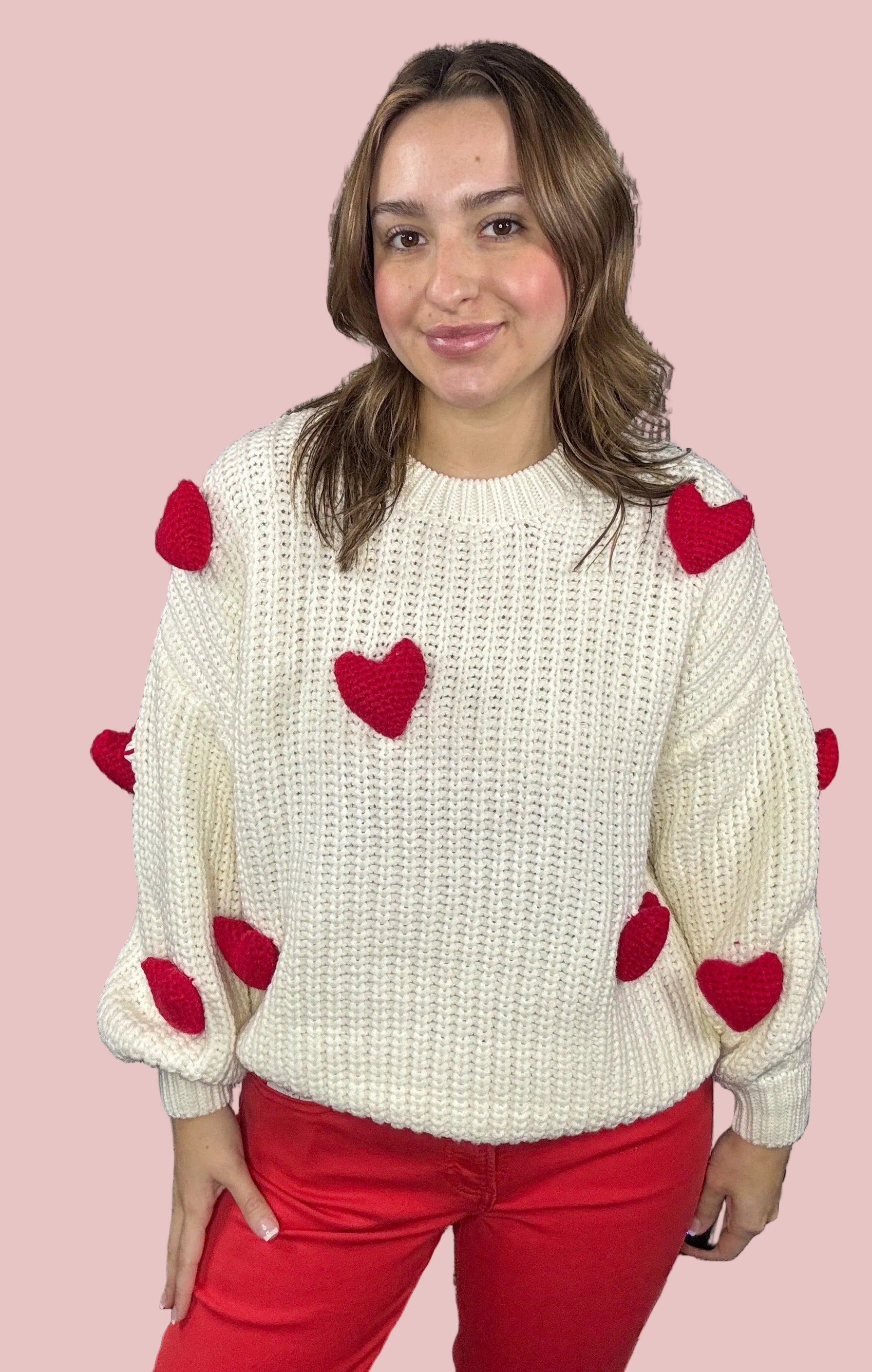 chunky knit sweater with red heart appliqué details for women available at Erin Rose Boutique