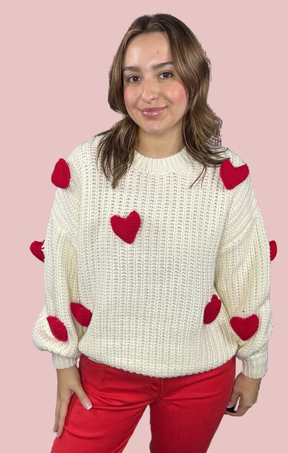 chunky knit sweater with red heart appliqué details for women available at Erin Rose Boutique