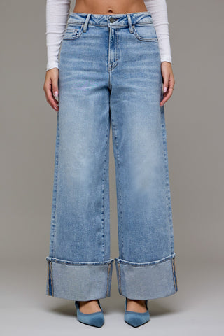 Hidden Nori medium light wash high rise cuffed super wide leg stretch denim jeans