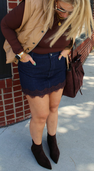 Morgie Eyelash Lace Hem Denim Mini Skirt