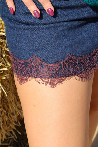 Morgie Eyelash Lace Hem Denim Mini Skirt